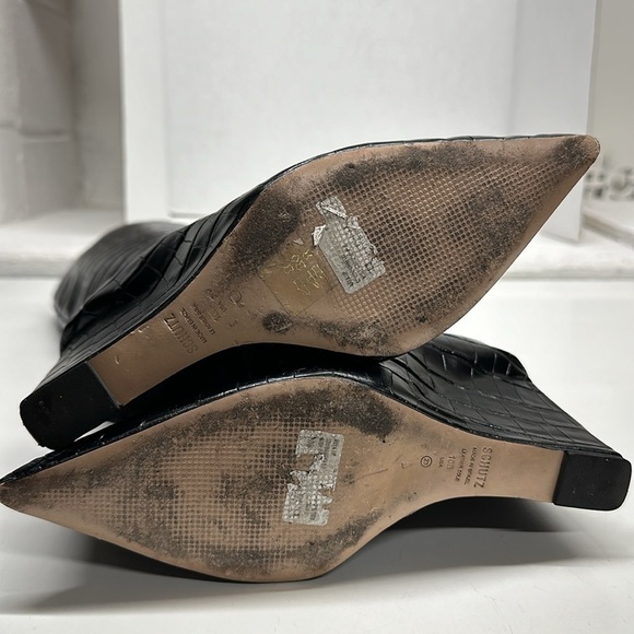 SCHUTZ  Asya Up Crocodile Embossed Leather Wedge High Heel Boot Boots Black 10 - Picture 10 of 10